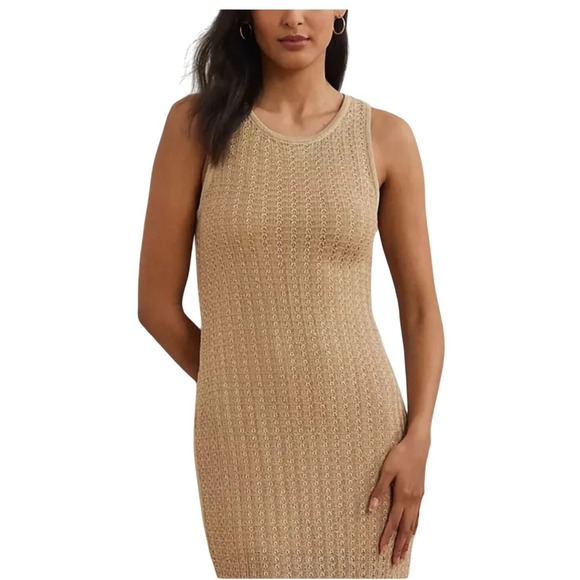 Lauren Ralph Lauren NWT SZ XL Gold Knit Sleeveless Maxi Dress Side Slits Ribbed - Picture 2 of 16